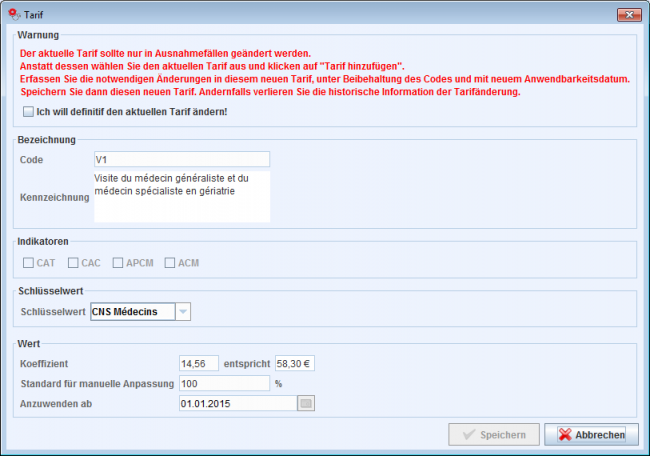 Tarif bearbeiten Dialog