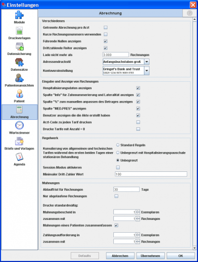 Globale Einstellungen des Abbrechnungsmoduls
