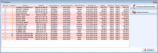 Liste der Rechnungen im Papierkorb