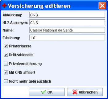 Dialog Versicherungen editieren
