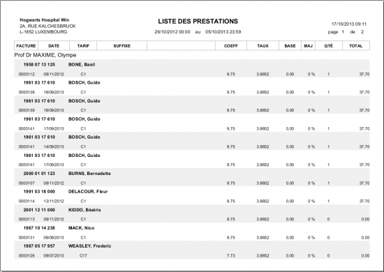 Liste des prestations