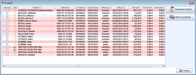 Liste des factures dans la poubelles