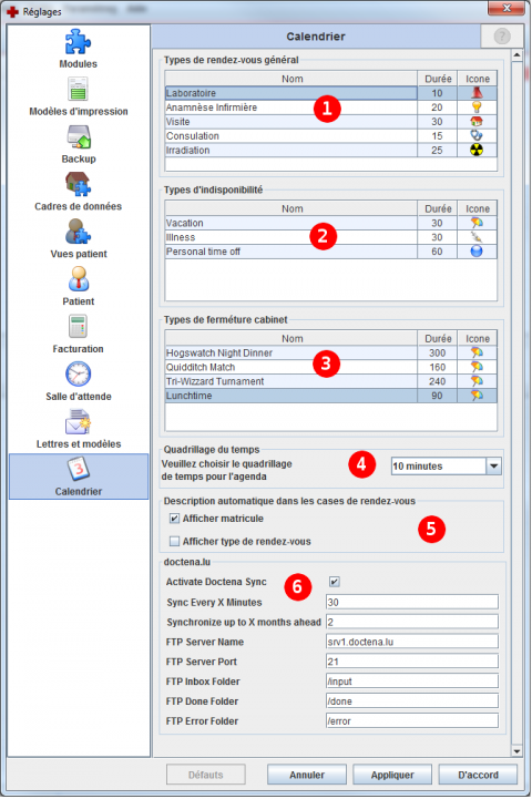 Paramètres globaux de l'agenda